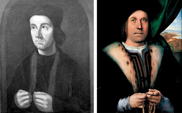 Two sixteenth-century paintings, each of which originally showed a man holding a rosary. The one to the left is of Cuthbert Tunstall - and his rosary was painted out after the Reformation. The man in the portrait on the right, by Lorenzo Lotto, still retains his rosary, and gives an indication of what Tunstall's portrait would have been like before anti-Catholic zeal led to its modification.